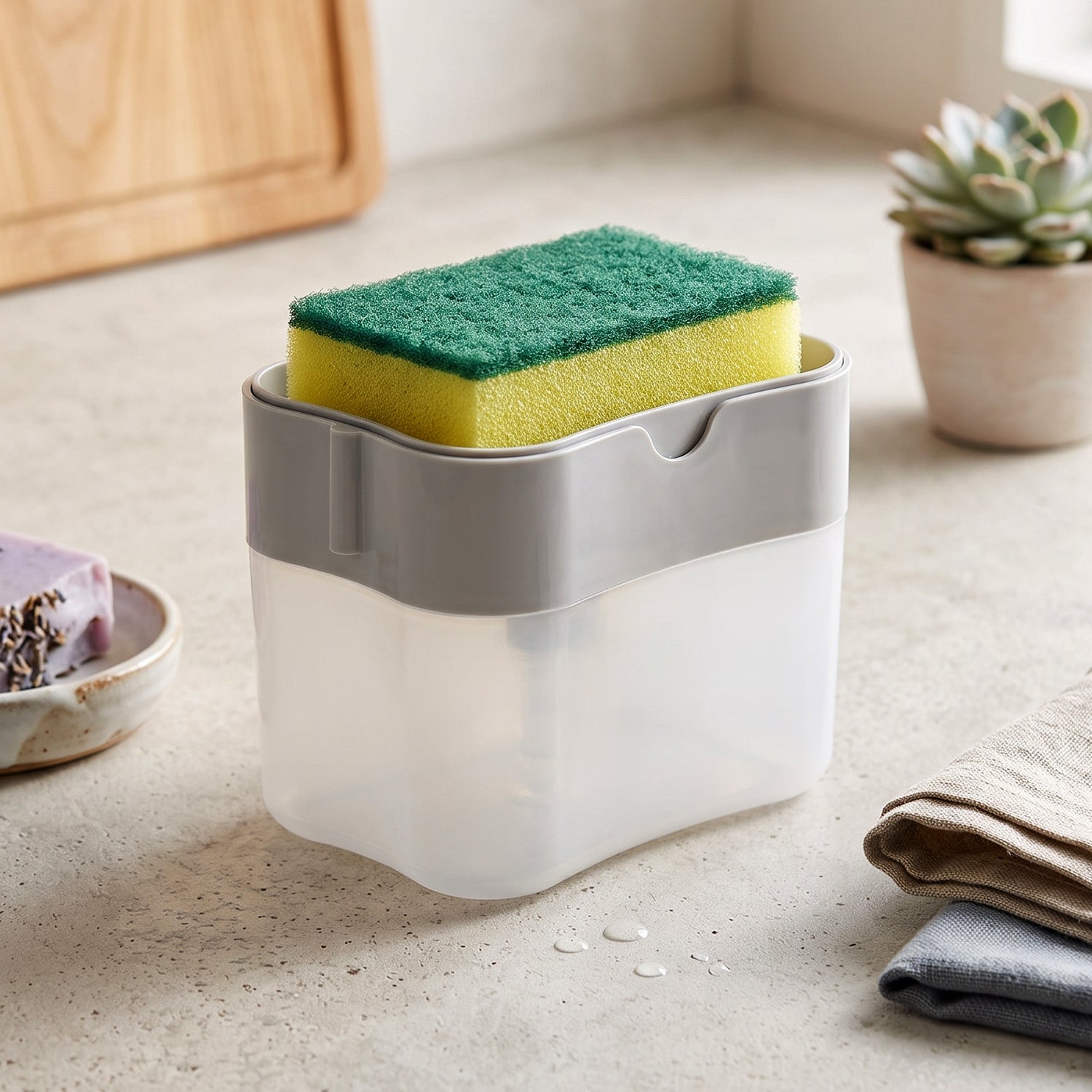 Soap Dispensing Sponge Holder Press Pump Caddy for Kitchen Sink (1 Set / Mix Design)