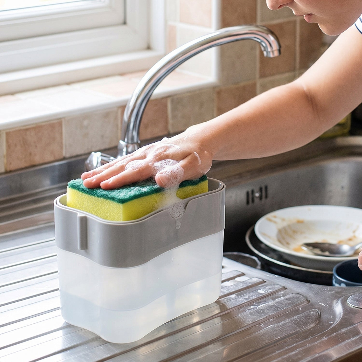 Soap Dispensing Sponge Holder Press Pump Caddy for Kitchen Sink (1 Set / Mix Design)