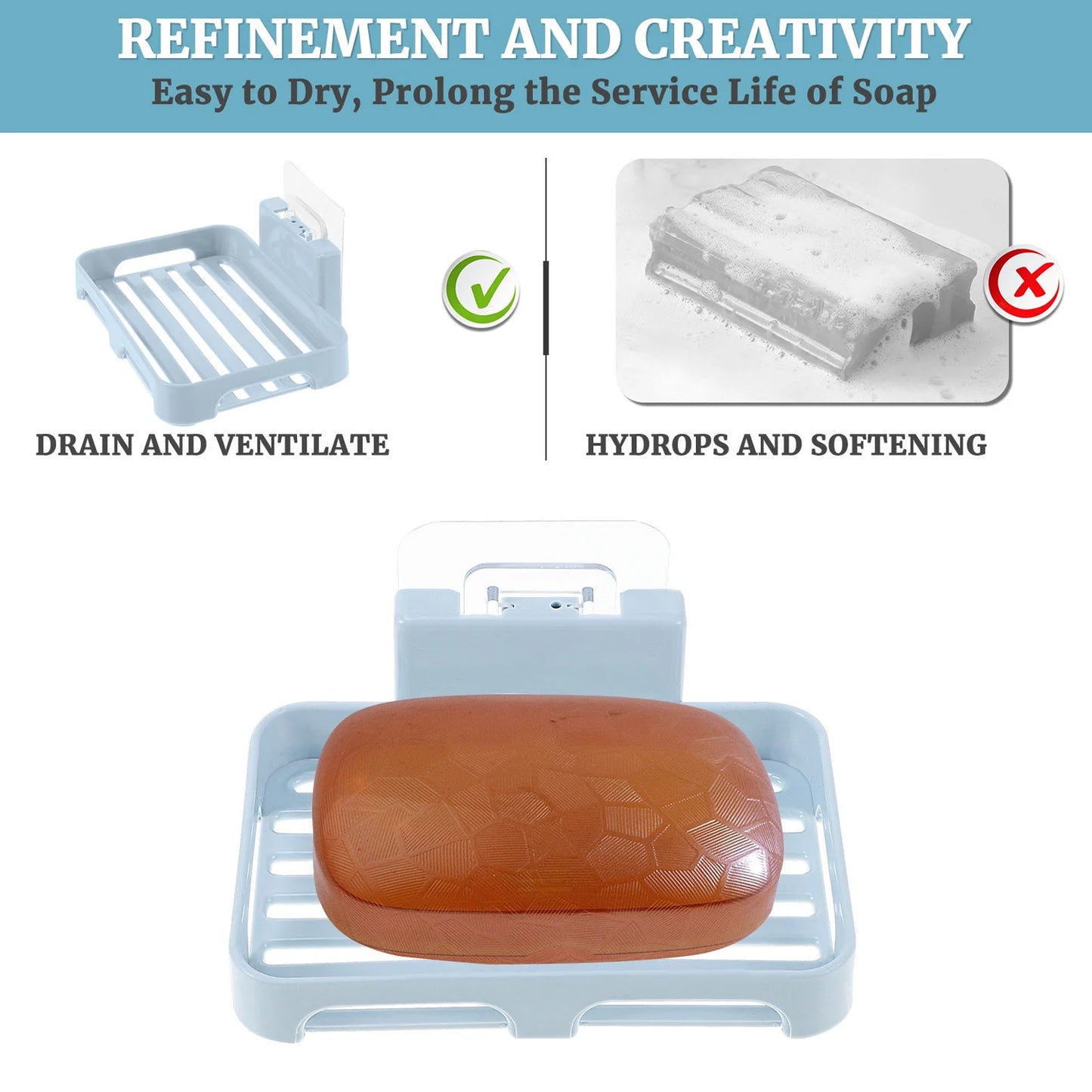 Self-Adhesive Wall Mount Plastic Soap Dish with Drain Slots