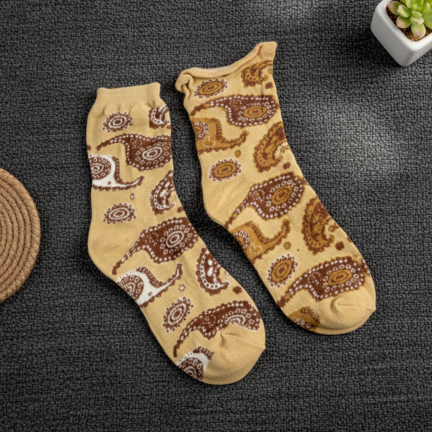 Beige Paisley Printed Fashion Socks (1 Pair)
