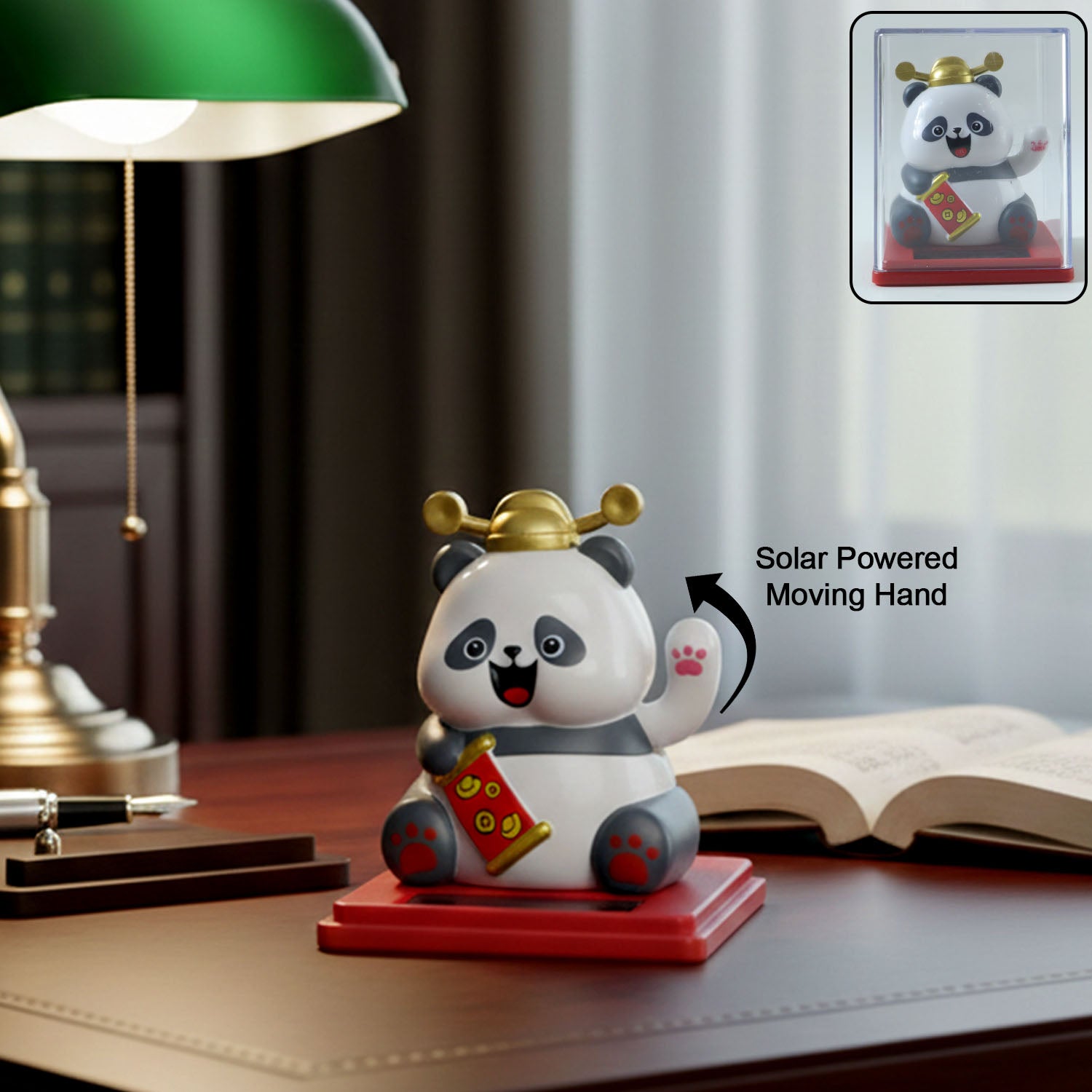 Solar powered moving hand panda showpiece
