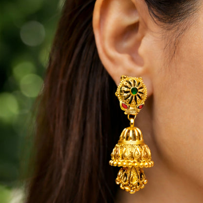 Gold plated traditional jhumka earrings with hexagon top and pyramid danglers