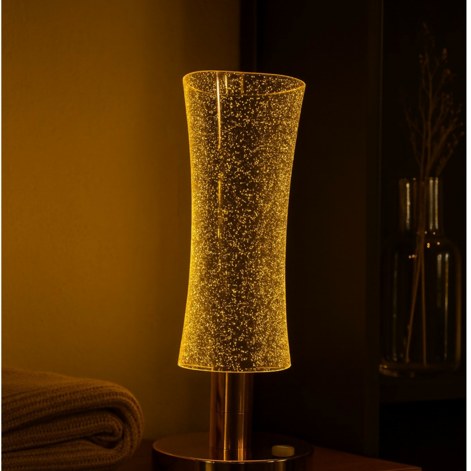 Luxury Crystal LED Table Lamp with Sparkling Bubble Glass Shade and Golden Metal Base – Dimmable Warm White Ambient Night Light for Bedroom, Living Room, Bedside, Study, Office, Home Décor Accent Lamp for Gifting and Decoration
