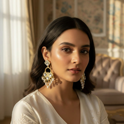 Close-up of geometric Kundan chandelier earrings featuring sparkling rhombus-cut stones