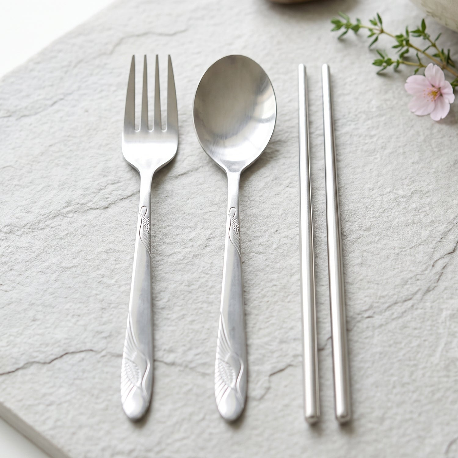 Portable Stainless Steel Cutlery Set Fork Spoon Chopsticks Pouch (4 Pc Set)