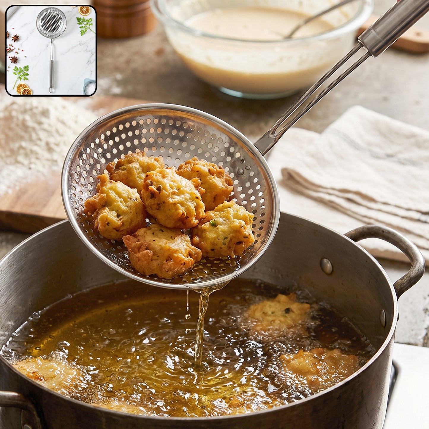 Stainless steel frying strainer skimmer spoon with long handle