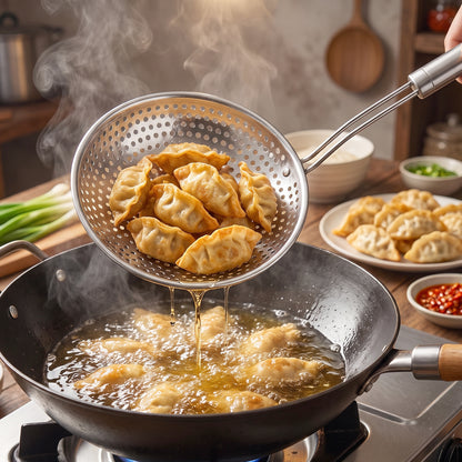 Long handle keeps hands away from hot oil