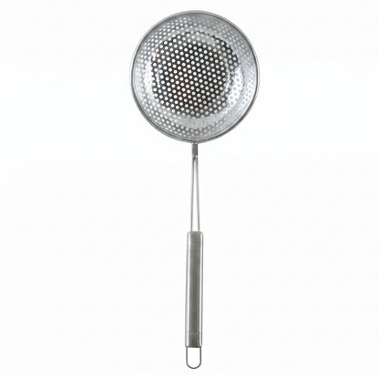 Stainless steel frying strainer on white background