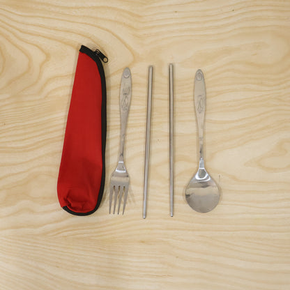Portable Stainless Steel Cutlery Set Spoon Fork Chopsticks with Pouch (4 Pc Set)