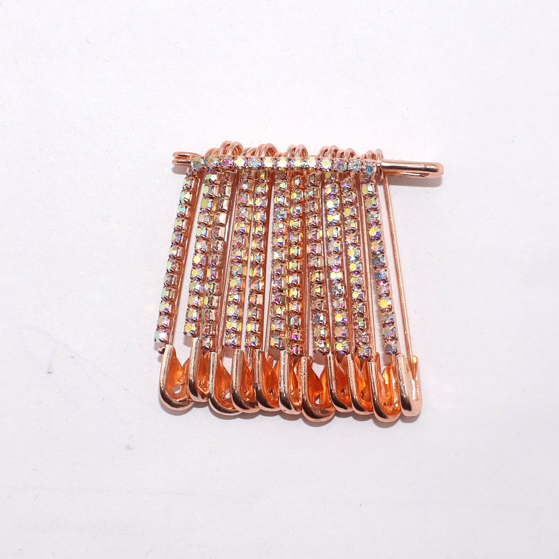 Rainbow Rhinestone Rose Gold Saree Pin Brooch Set (12pcs, 4cm, Medium)