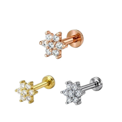Gold, silver and rose gold plated Flower Labret AD nosepin Stud Combo Pack of 3