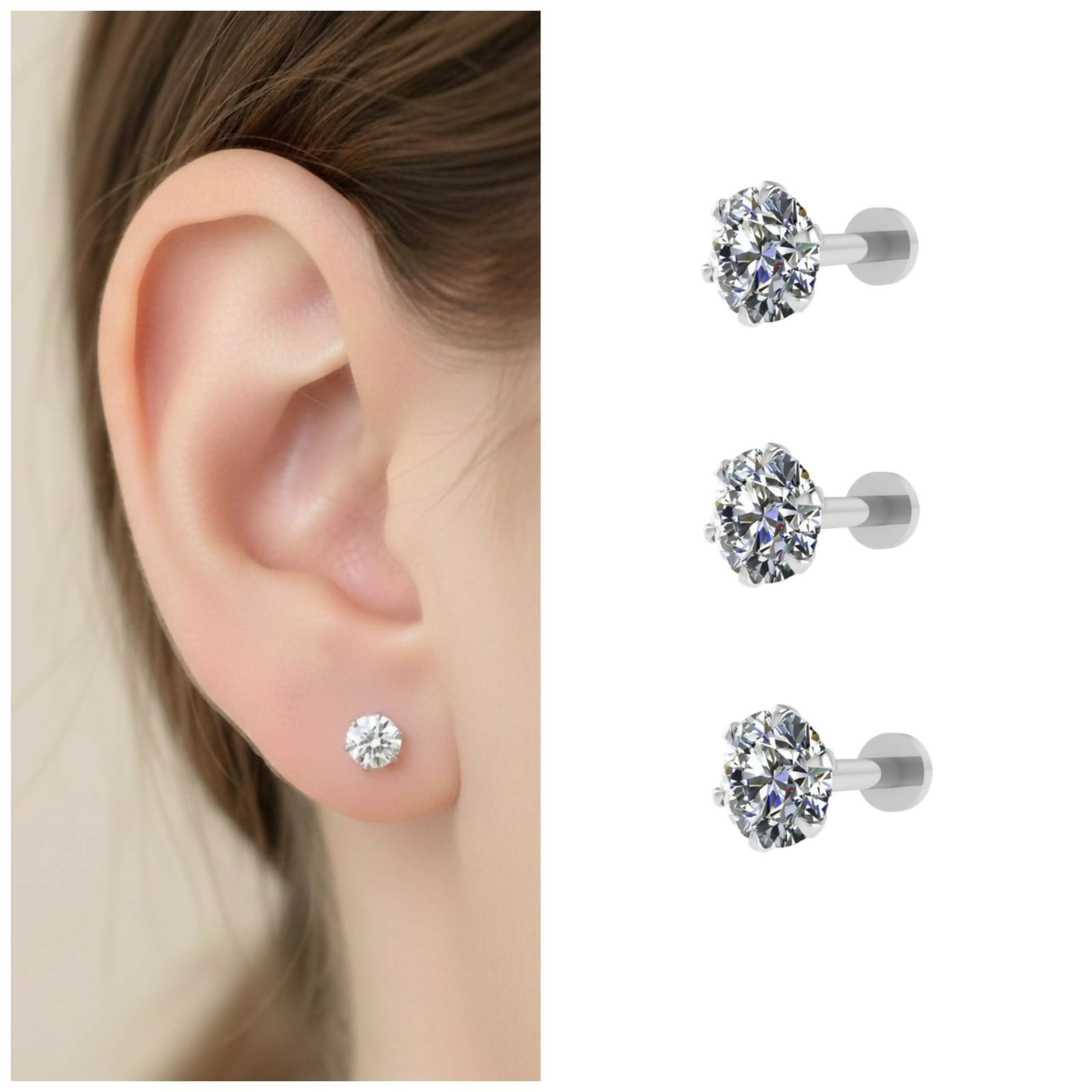 Silver plated round AD solitaire stud earring showing brilliant cubic zirconia stone