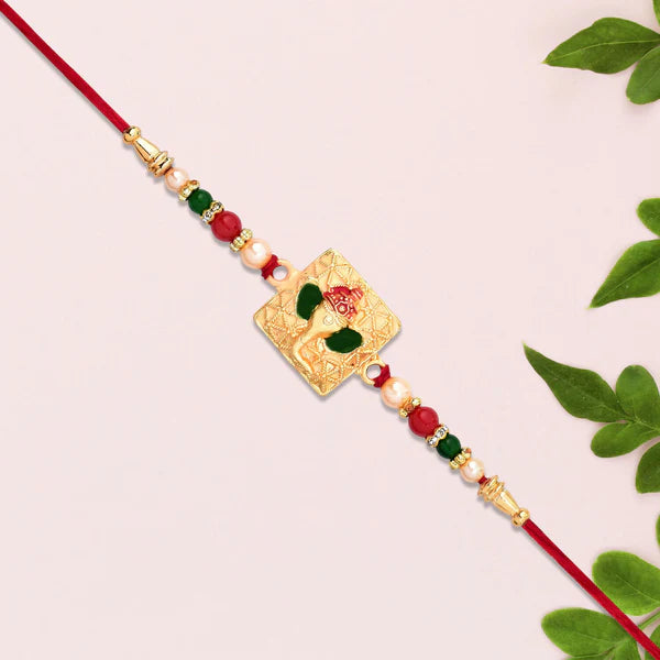 Buy Golden Ganpati Rakhi Red Green Beads Enamel Detailing