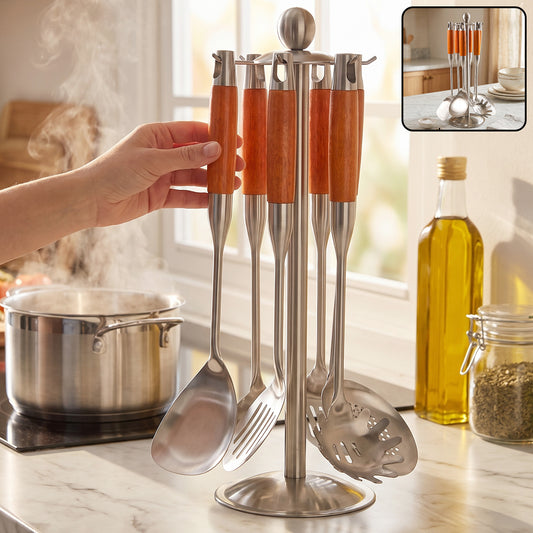 7 in 1 stainless steel kitchen tool set with wooden handles and stand