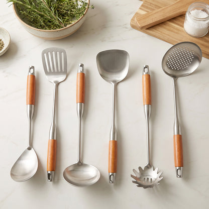 7 In 1 Stainless Steel Kitchen Tool Set with Wooden Handles and Stand (1 Set)