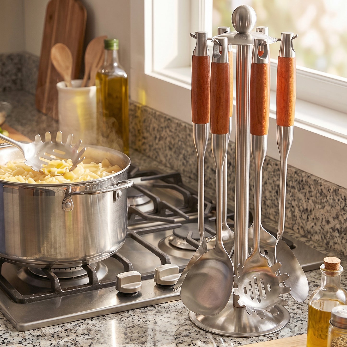 7 In 1 Stainless Steel Kitchen Tool Set with Wooden Handles and Stand (1 Set)