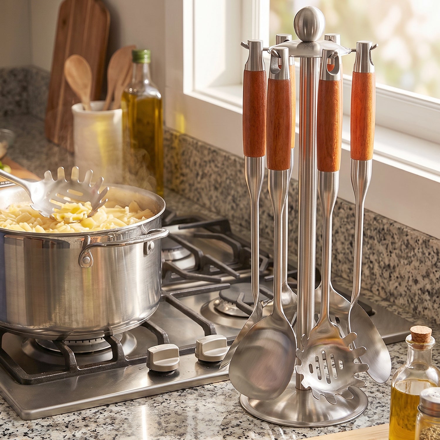 7 In 1 Stainless Steel Kitchen Tool Set with Wooden Handles and Stand (1 Set)