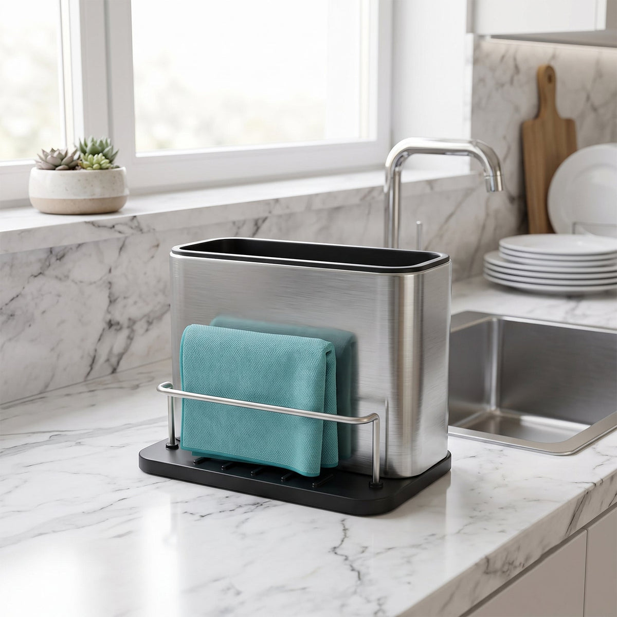 Kitchen Cleaning & Organisation Combo – Sink Caddy, Fine Mesh Strainer & Countertop Wiper