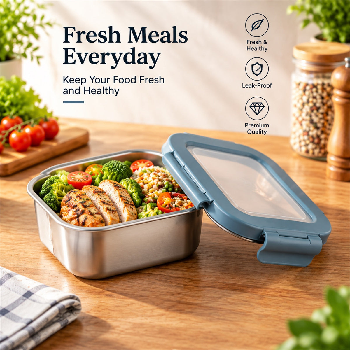 Apex Square Steel Food Container 300 ML with Clip Lock Lid, Lunch Box (1 Pc)