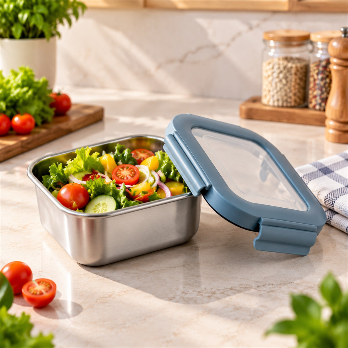 Apex Square Steel Food Container 300 ML with Clip Lock Lid, Lunch Box (1 Pc)