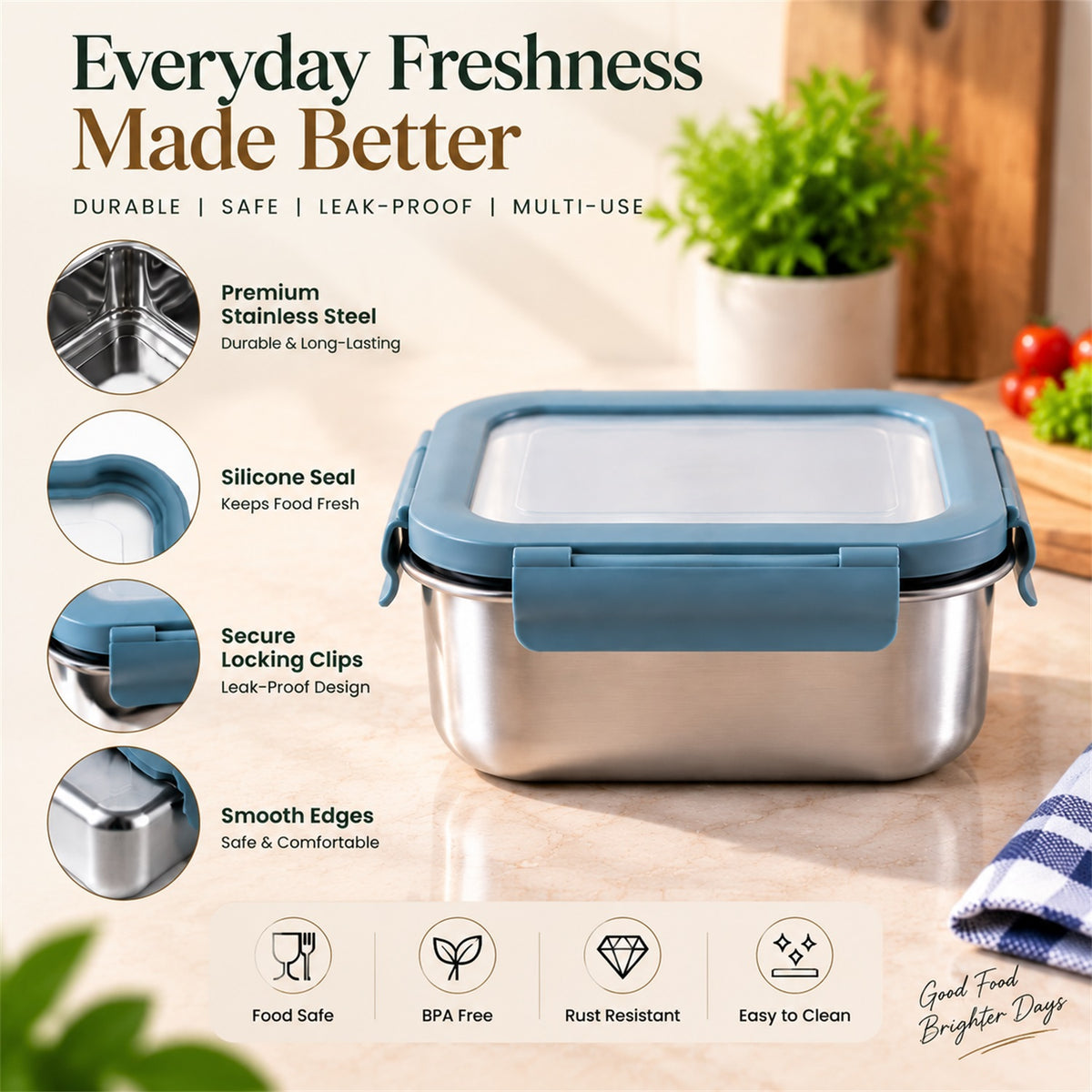 Apex Square Steel Food Container 300 ML with Clip Lock Lid, Lunch Box (1 Pc)
