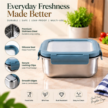Apex Square Steel Food Container 300 ML with Clip Lock Lid, Lunch Box (1 Pc)