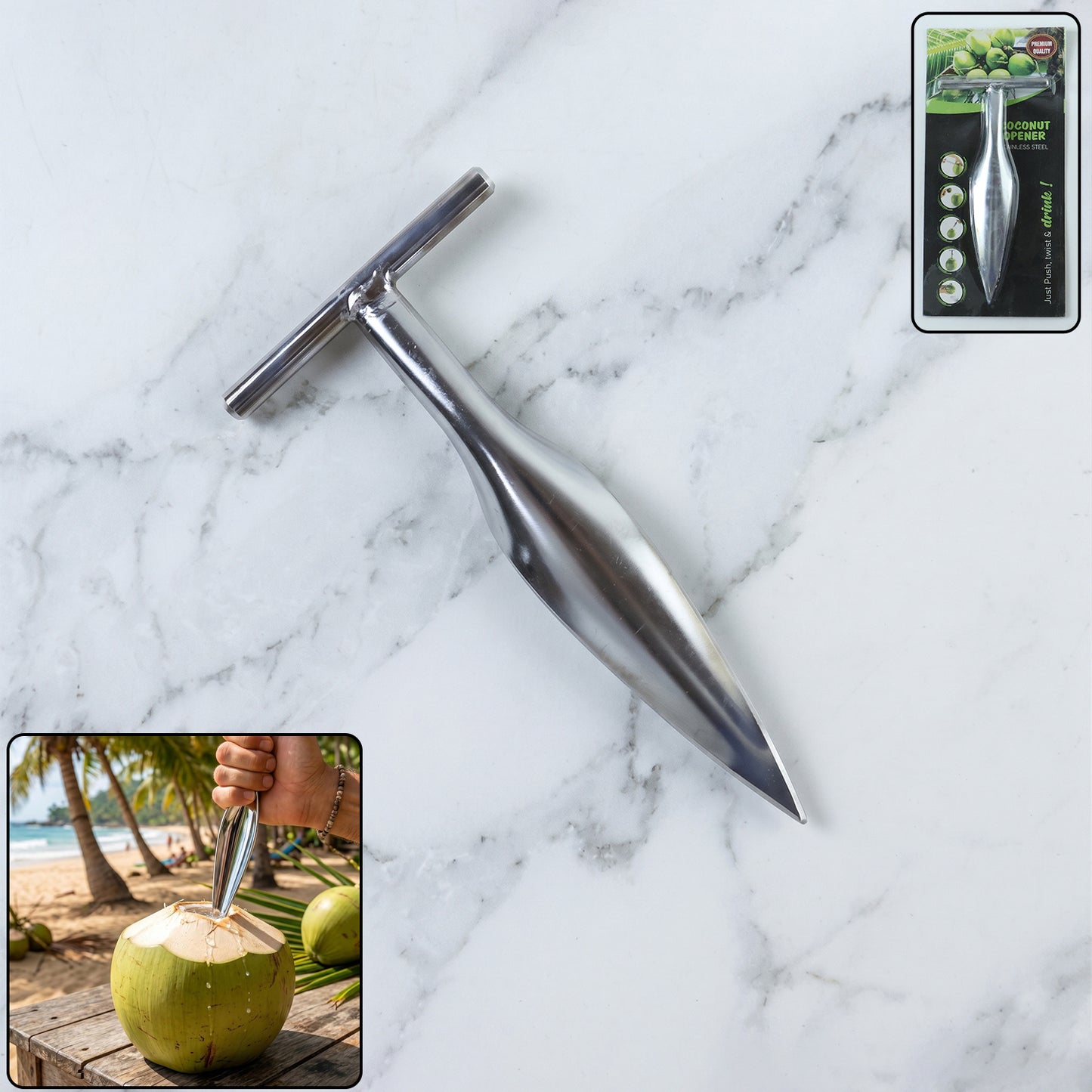 Stainless Steel Coconut Breaker Tool with T-Handle