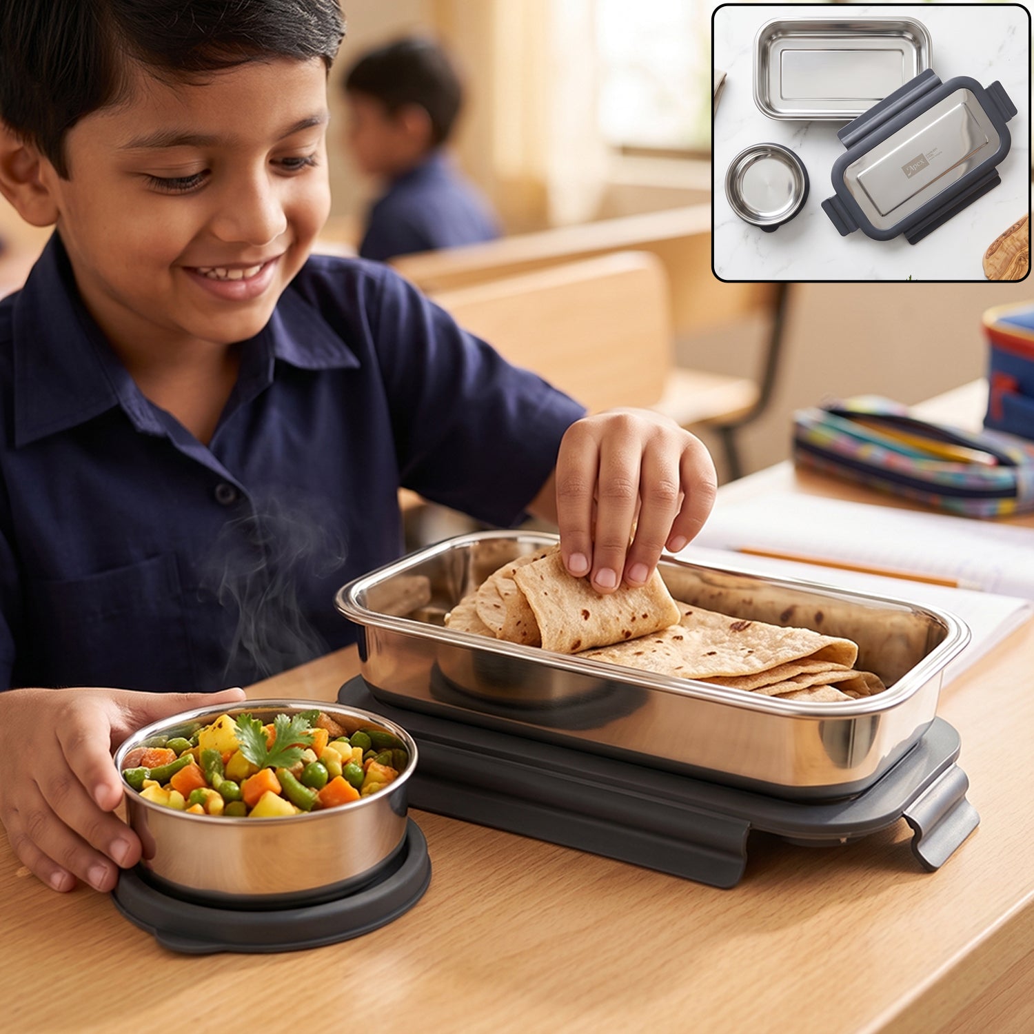 Apex Flexi Stainless Steel Lunch Box Set with Container and Bowl (2 Pc)