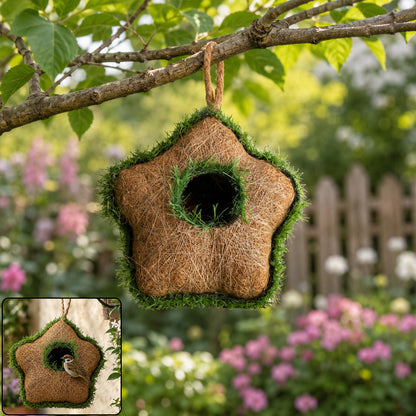 Star-shaped handmade coir bird house hanging outdoors