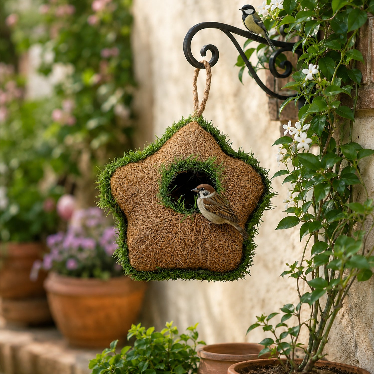 Detailed view of star-shaped coir bird house with grass trim