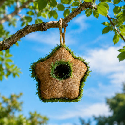 Circular entry hole on star-shaped coir bird house