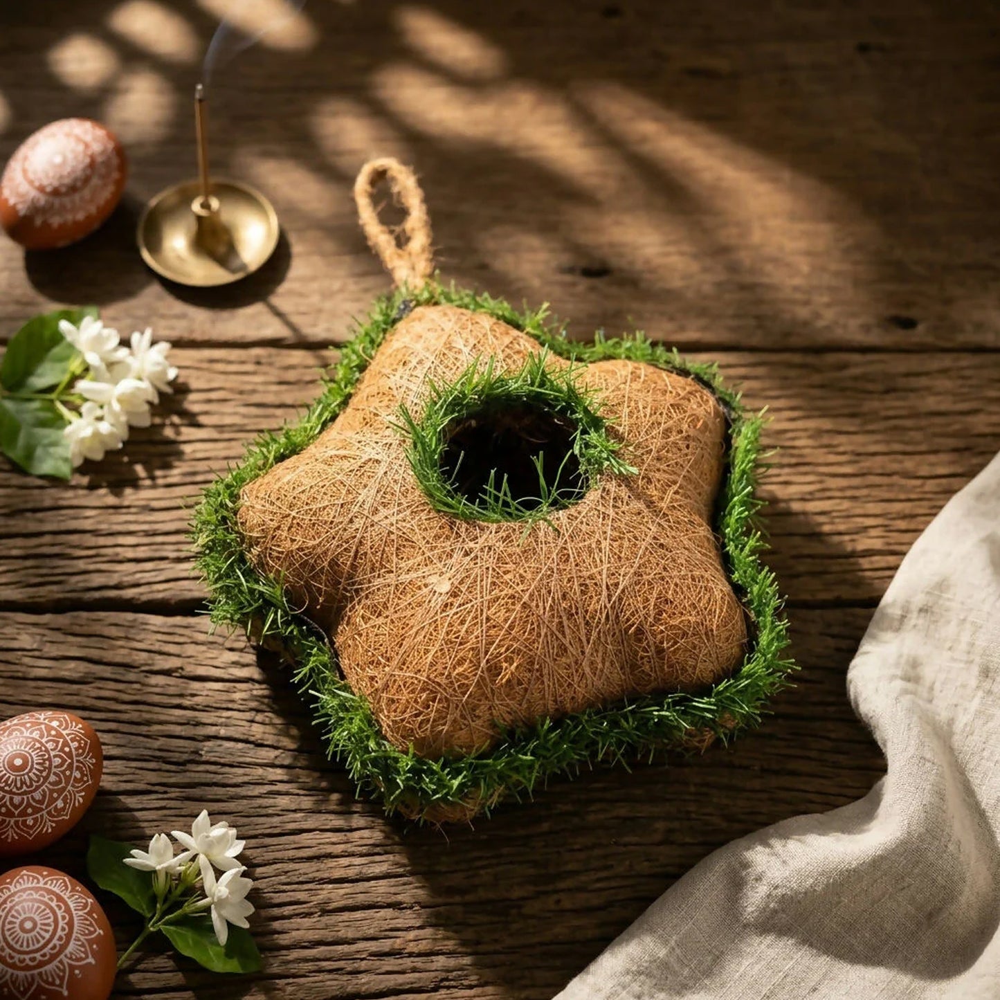 Side view of star-shaped bird house made from coir fiber