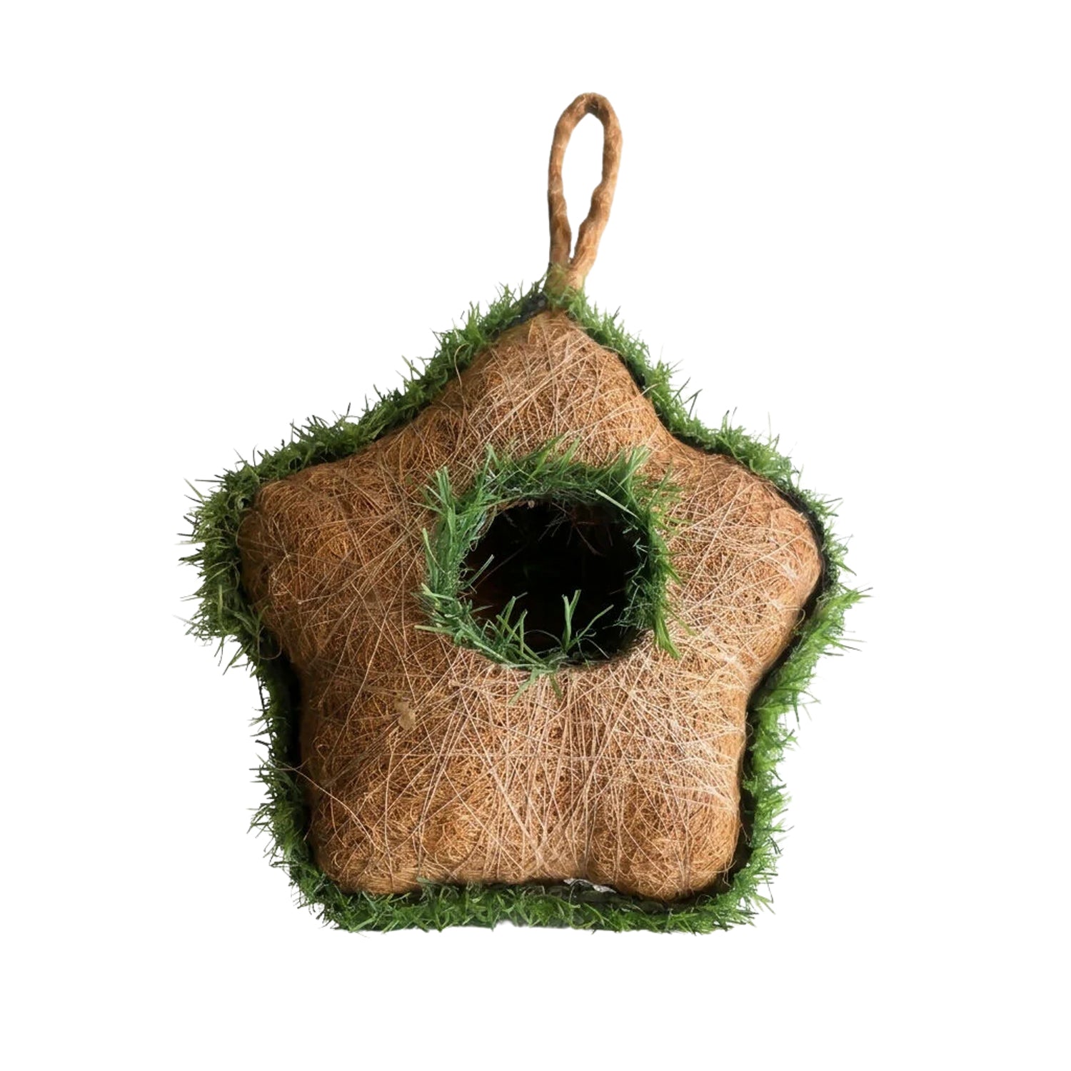 Handmade coir bird house hanging in garden setting