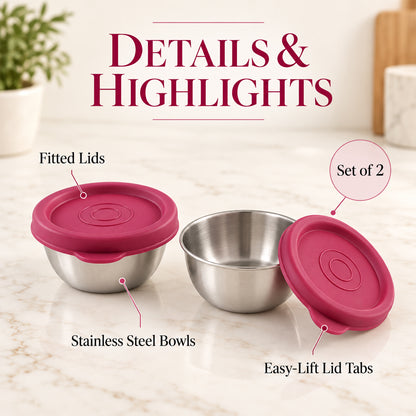 Apex Stainless Steel Food Containers with Lids for Snacks and Dips (70 ML, 2 Pc Set)