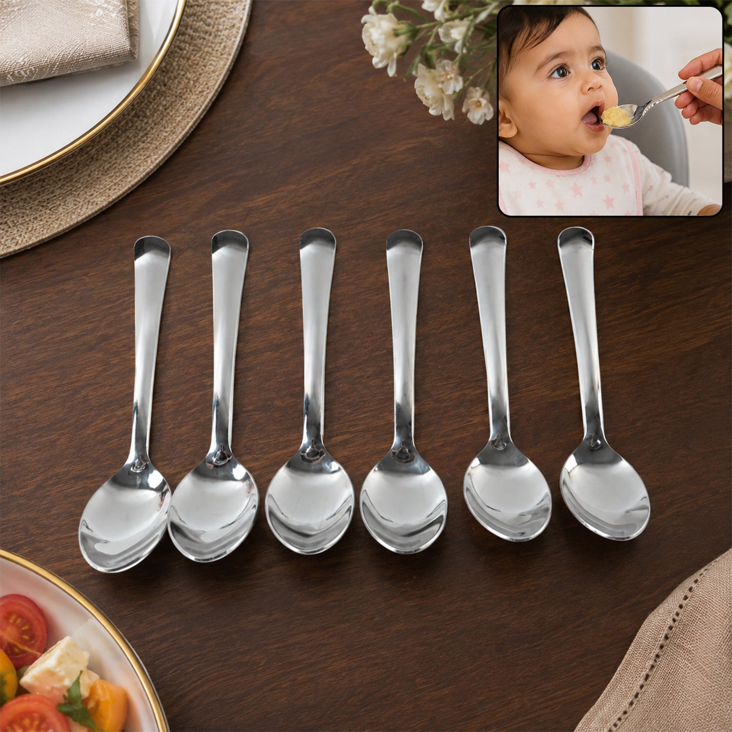 Apex Stainless Steel Baby Feeding Spoon Set with Round Bowl Tip (6 Pc)