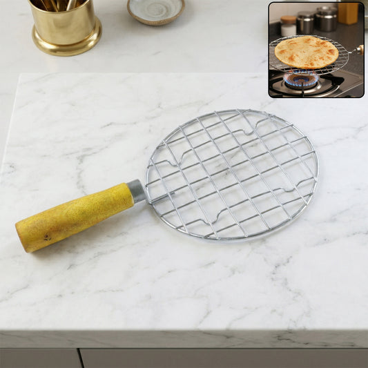 Kitchen Round Stainless Steel Roaster Papad Jali, Barbecue Grill with Wooden Handle
