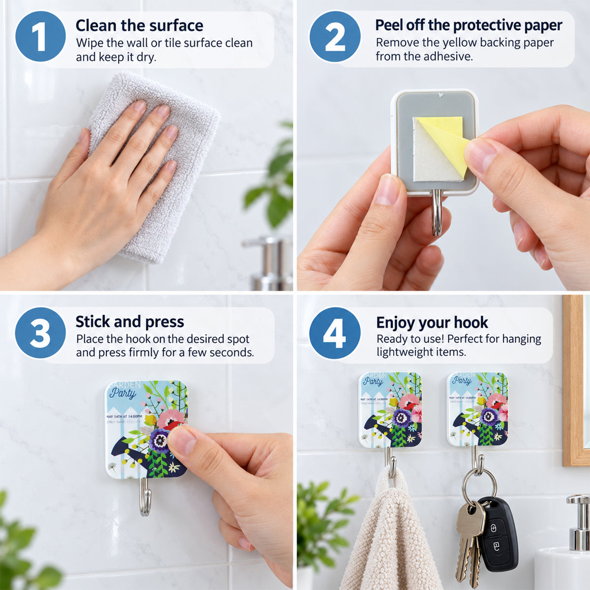 Four-step instruction guide showing how to clean, peel, stick, and use the decorative adhesive wall hooks.