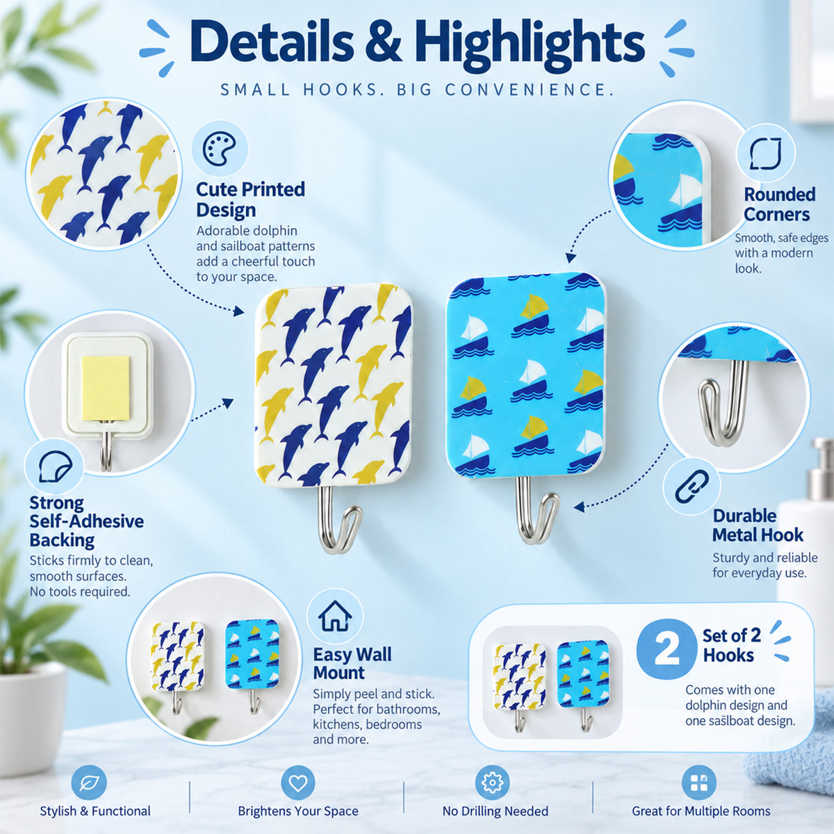 Cute Cartoon Adhesive Hooks for Home Kitchen, Bathroom, Bedroom Wall (2 Pc Set)
