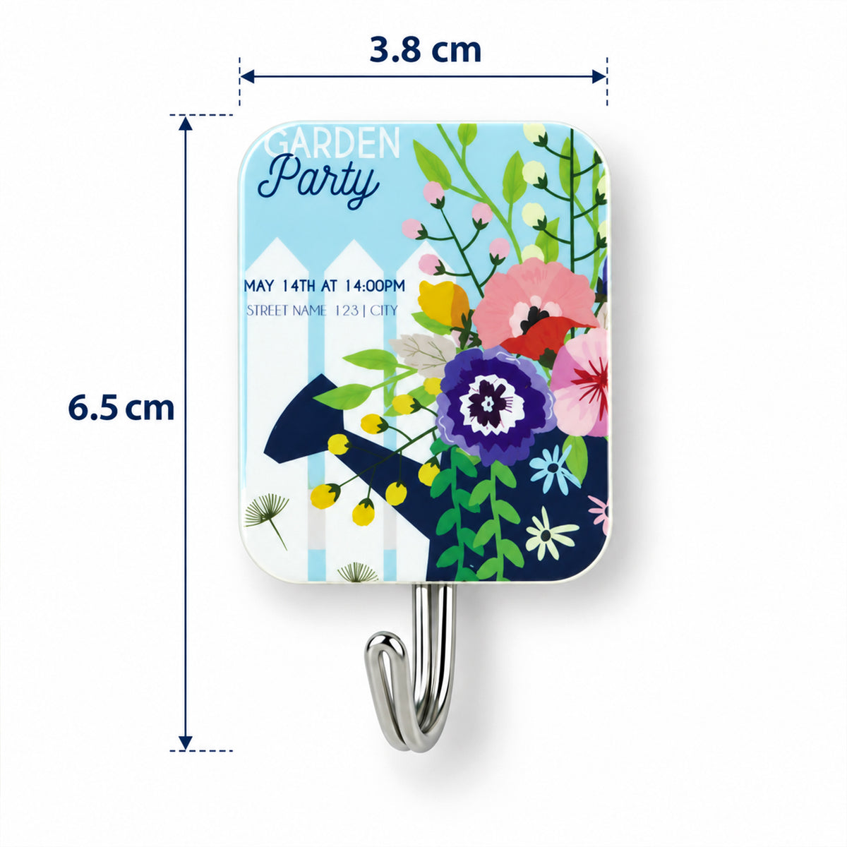 Single rectangular adhesive hook with a floral design, displaying dimensions of 6.5 cm height and 3.8 cm width.
