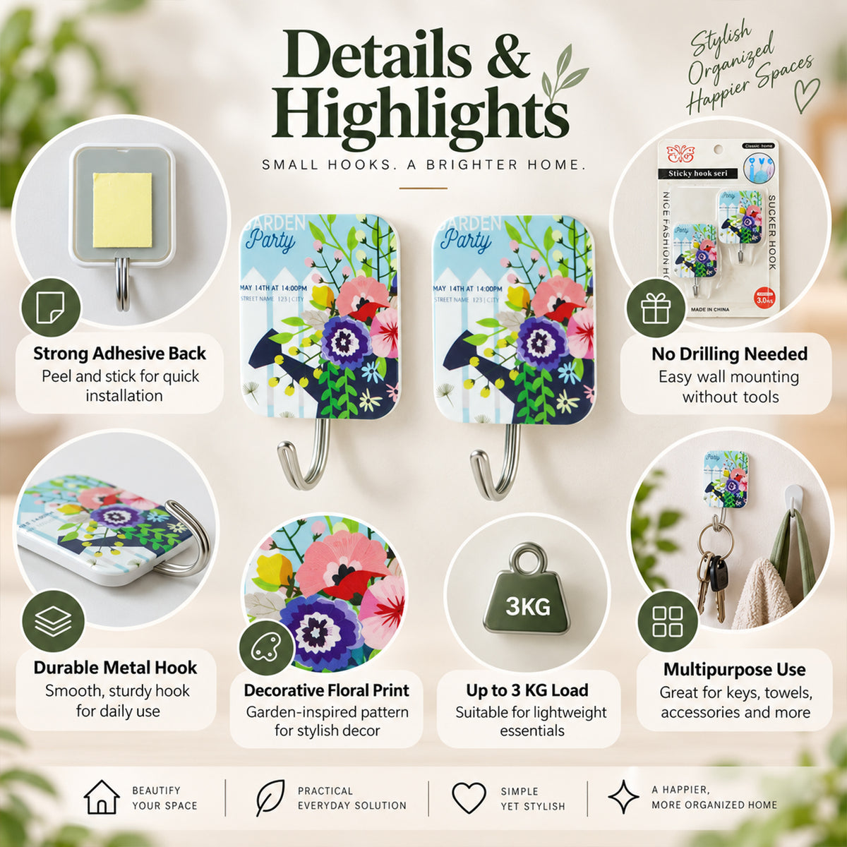 Infographic highlighting features of the decorative adhesive hooks, including strong adhesive, no drilling, and multipurpose