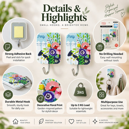 Infographic highlighting features of the decorative adhesive hooks, including strong adhesive, no drilling, and multipurpose