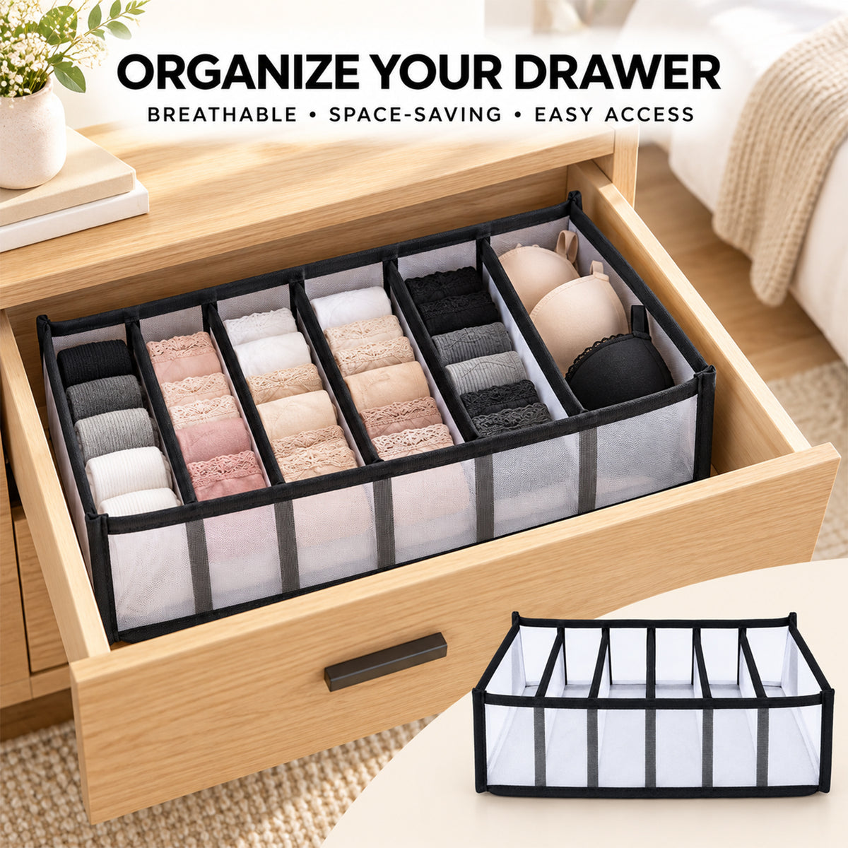 Six section drawer organizer lifestyle view