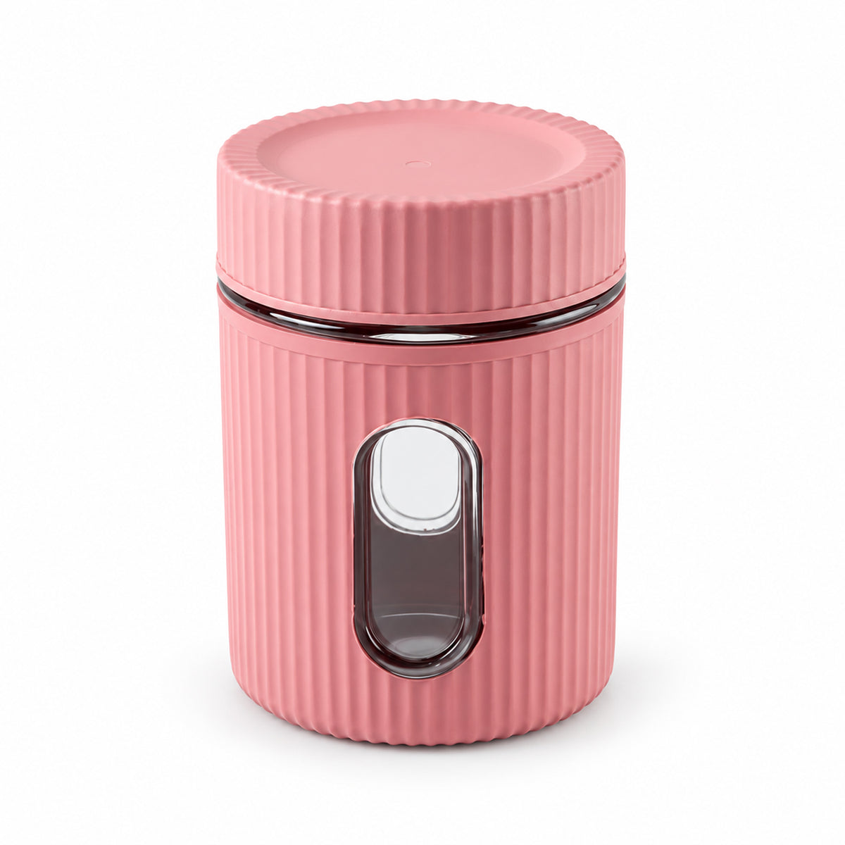 A pink ribbed storage jar with a clear window and matching lid stands alone on a plain white background.