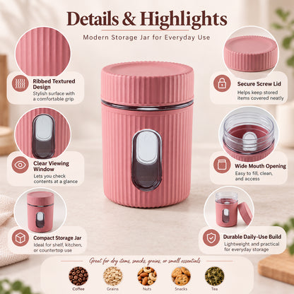 An infographic displays the features of a pink ribbed storage jar, including its textured design, screw lid, and viewing