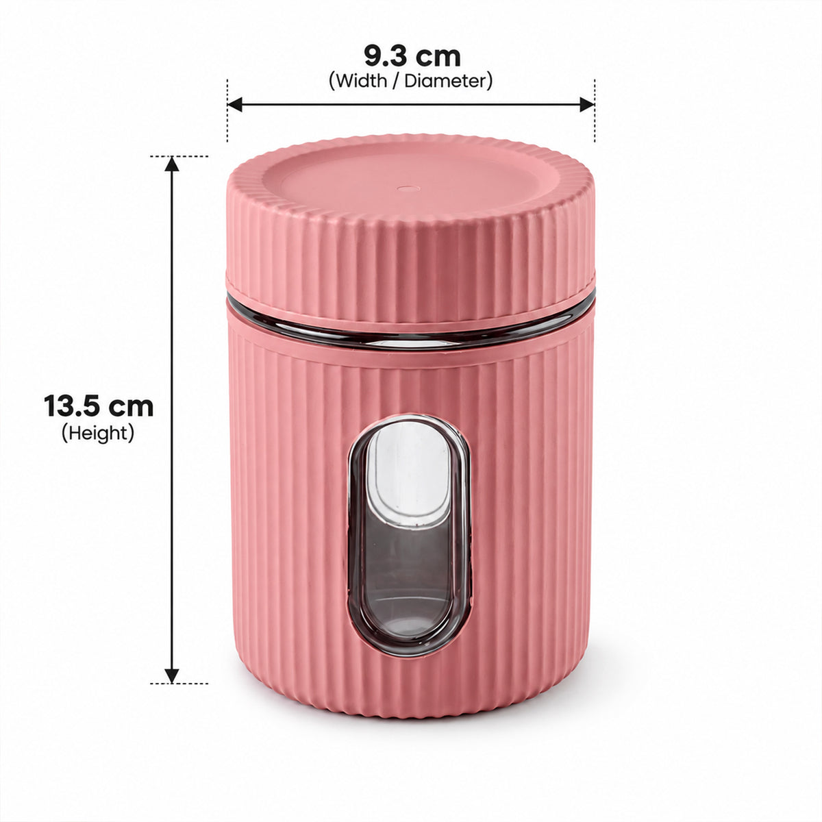 A pink ribbed storage jar with a clear window and lid displays its height and width measurements on a white backdrop.