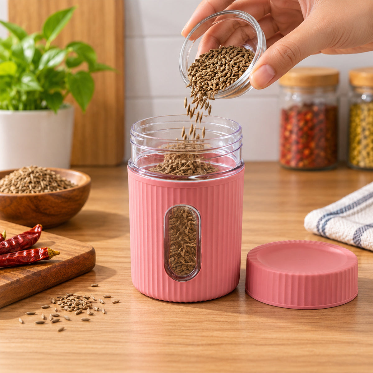A hand pours cumin seeds into a pink ribbed storage jar with a clear window, its lid rests beside it on a wooden surface.
