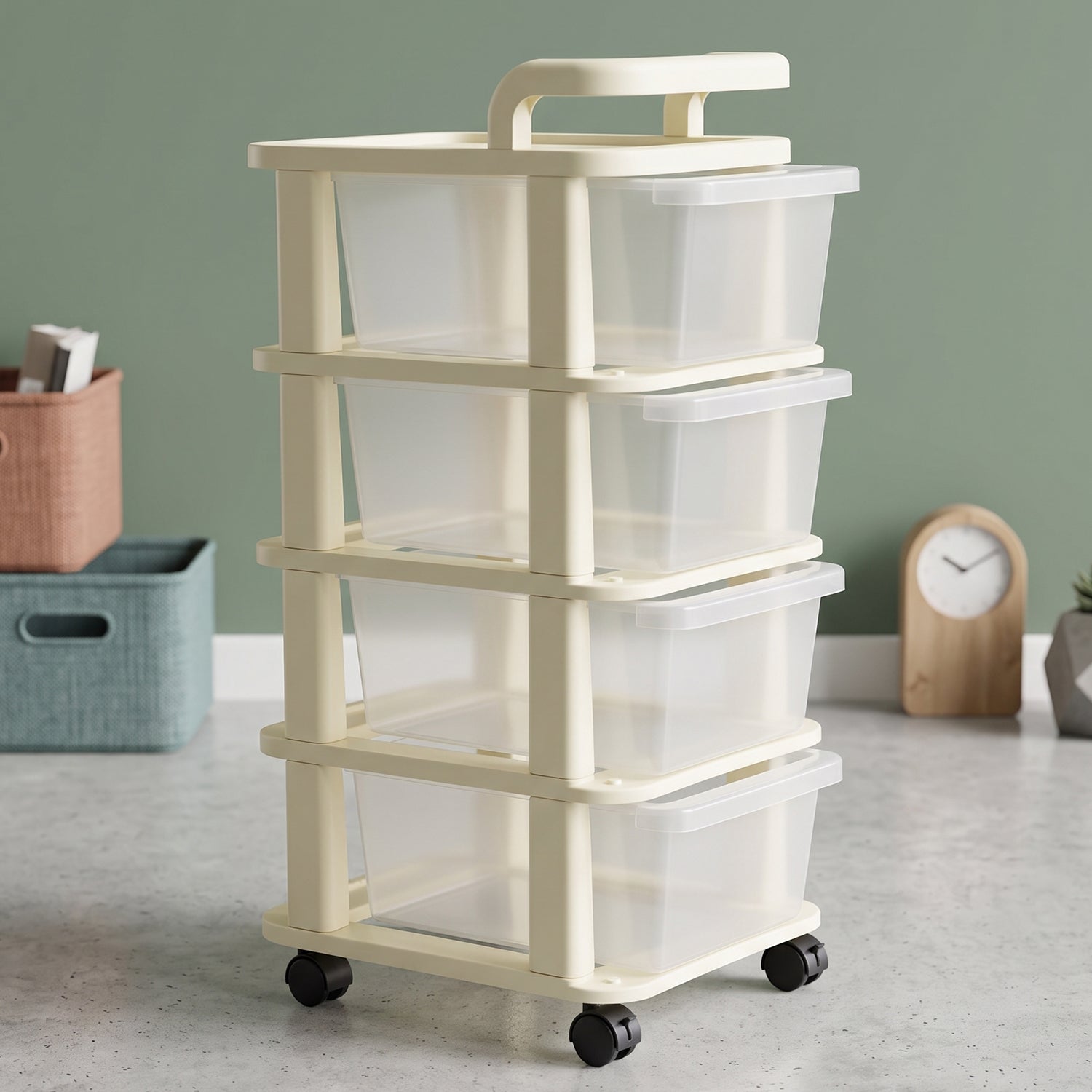 4-Tier Plastic Storage Trolley with Wheels, Rolling Drawer Organizer Cart (1 Pc)