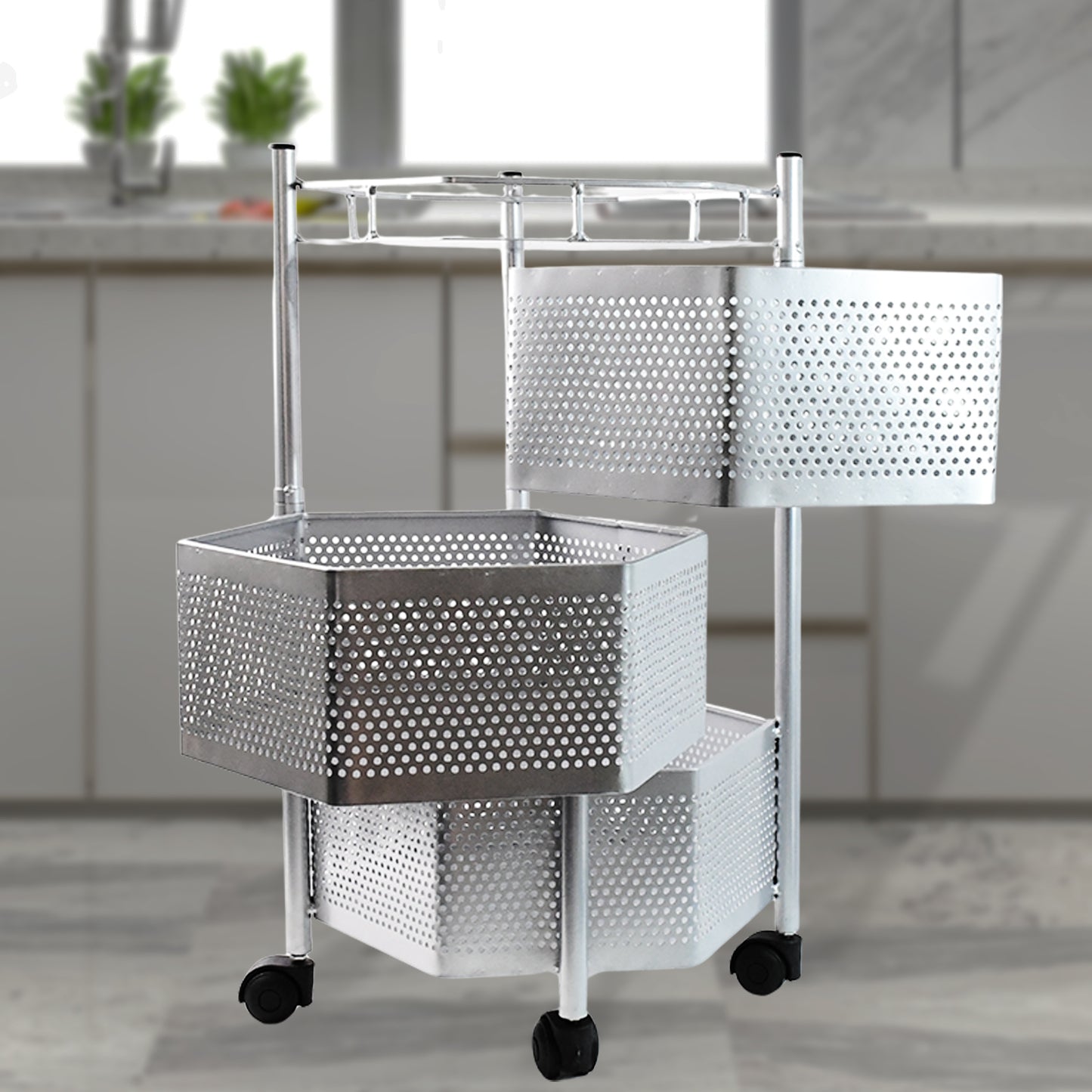Premium 3-Layer Hexagon Kitchen Storage Trolley with Wheels (1 Pc)