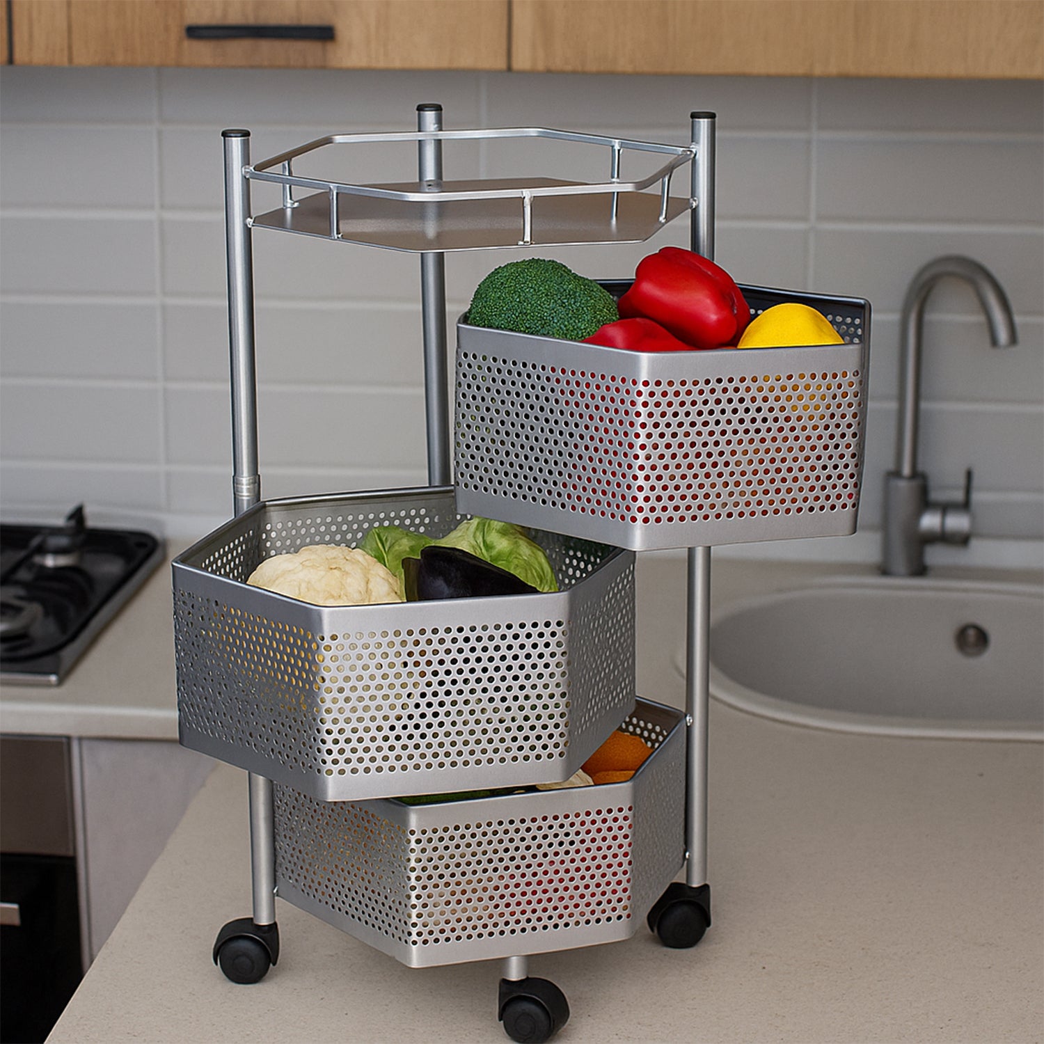Premium 3-Layer Hexagon Kitchen Storage Trolley with Wheels (1 Pc)