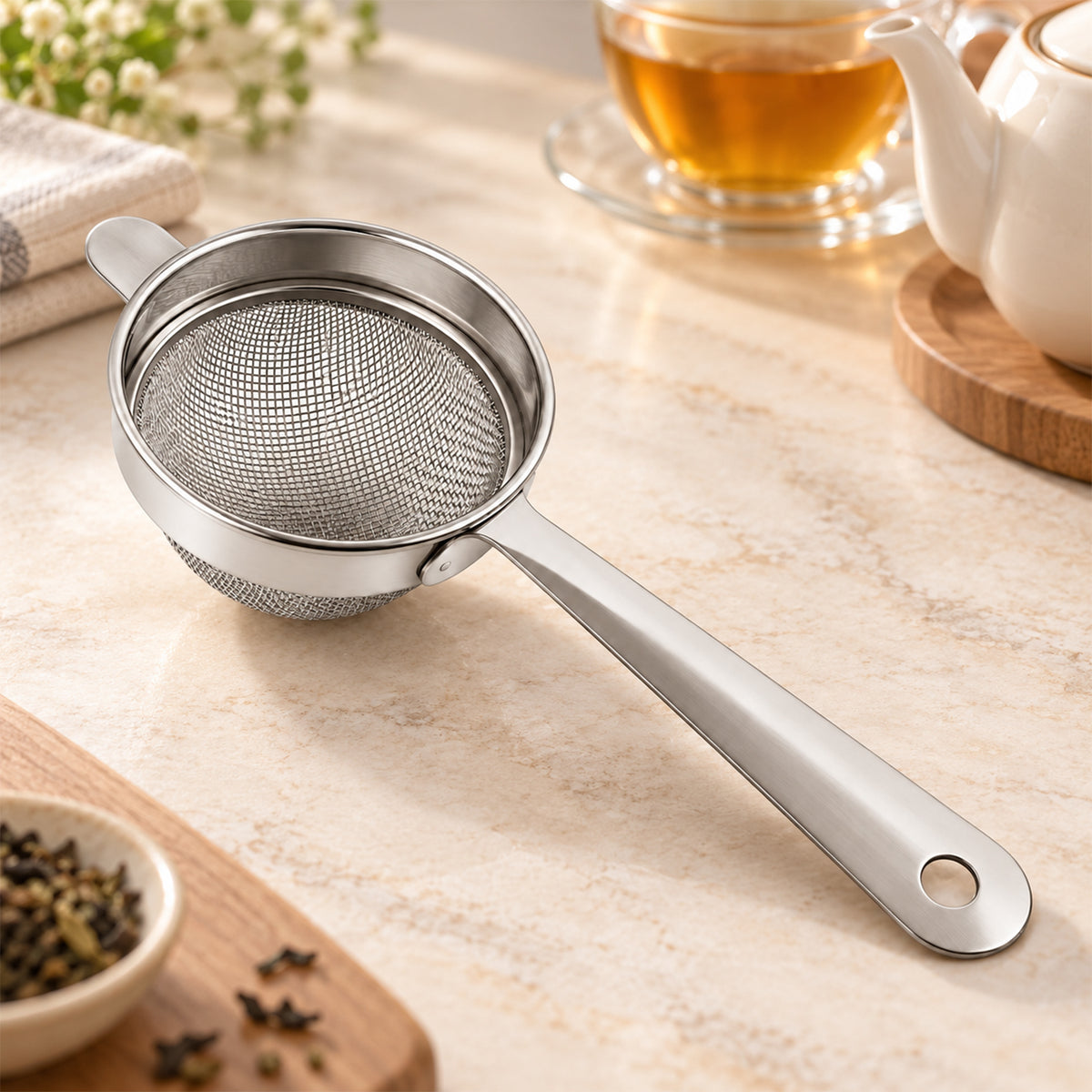 Apex Stainless Steel Tea Strainer with Long Handle, Fine Mesh Chai Chalni (1 Pc)